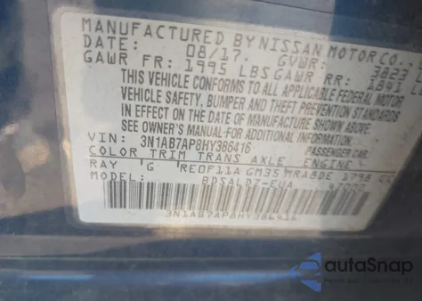 2017 Nissan Sentra Sv z USA, uszkodzony, nr VIN 3N1AB7AP8HY386416